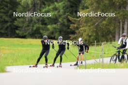 28.05.2024, Lenzerheide, Switzerland (SUI): Jason Rueesch (SUI), Beda Klee (SUI), Isai Naeff (SUI), Erik Braten Guidon (NOR), coach Team Switzerland, Silvan Hauser (SUI), (l-r) - Cross-Country training, Lenzerheide (SUI). www.nordicfocus.com. © Manzoni/NordicFocus. Every downloaded picture is fee-liable.