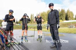 10.09.2024, Lenzerheide, Switzerland (SUI): Jonas Baumann (SUI), Valerio Grond (SUI), Janik Riebli (SUI), Erik Braten Guidon (NOR), coach Team Switzerland, (l-r) - Cross-Country training, Lenzerheide (SUI). www.nordicfocus.com. © Manzoni/NordicFocus. Every downloaded picture is fee-liable.