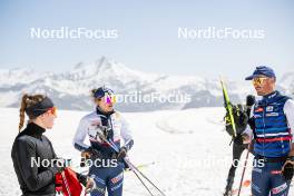 19.06.2024, Tignes, France (FRA): Mélissa Gal (FRA), Léna Quintin (FRA), Thibaut Chene (FRA), Coach Team France, (l-r) - Cross-Country summer training, Tignes (FRA). www.nordicfocus.com. © Authamayou/NordicFocus. Every downloaded picture is fee-liable.