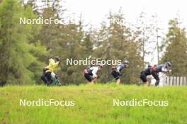 28.05.2024, Lenzerheide, Switzerland (SUI): Jason Rueesch (SUI), Erik Braten Guidon (NOR), coach Team Switzerland, Noe Naeff (SUI), Silvan Hauser (SUI), Toni Livers (SUI), Nicola Wigger (SUI), (l-r) - Cross-Country training, Lenzerheide (SUI). www.nordicfocus.com. © Manzoni/NordicFocus. Every downloaded picture is fee-liable.