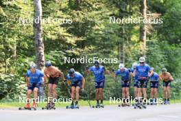 24.07.2024, Premanon, France (FRA): Renaud Jay (FRA), Richard Jouve (FRA), Mathis Desloges (FRA), Remi Bourdin (FRA), Jules Lapierre (FRA), Clement Parisse (FRA), (l-r) - Cross-Country summer training, Premanon (FRA). www.nordicfocus.com. © Manzoni/NordicFocus. Every downloaded picture is fee-liable.