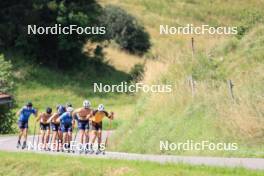 24.07.2024, Premanon, France (FRA): Jules Lapierre (FRA), Hugo Lapalus (FRA), Jules Chappaz (FRA), Lucas Chanavat (FRA), Theo Schely (FRA), Thomas Joly (FRA), (l-r) - Cross-Country summer training, Premanon (FRA). www.nordicfocus.com. © Manzoni/NordicFocus. Every downloaded picture is fee-liable.