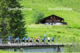 21.06.2024, Les Diablerets, Switzerland (SUI): Jonas Baumann (SUI), Fabrizio Albasini (SUI), Janik Riebli (SUI), Antonin Savary (SUI), Valerio Grond (SUI), Ilan Pittier (SUI), Nicola Wigger (SUI), Erwan Kaeser (SUI), Jason Rueesch (SUI), Beda Klee (SUI), (l-r) - Cross-Country summer training, Les Diablerets (SUI). www.nordicfocus.com. © Manzoni/NordicFocus. Every downloaded picture is fee-liable.