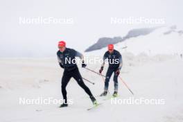 22.06.2024, Les Diablerets, Switzerland (SUI): Janik Riebli (SUI), Erik Braten Guidon (NOR), coach Team Switzerland, (l-r) - Cross-Country summer training on the Glacier 3000, Les Diablerets (SUI). www.nordicfocus.com. © Manzoni/NordicFocus. Every downloaded picture is fee-liable.