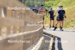 23.07.2024, Premanon, France (FRA): Remi Bourdin (FRA), Hugo Lapalus (FRA), Jules Lapierre (FRA), Mathis Desloges (FRA), Clement Parisse (FRA), (l-r) - Cross-Country summer training, Premanon (FRA). www.nordicfocus.com. © Manzoni/NordicFocus. Every downloaded picture is fee-liable.