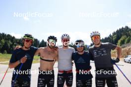 23.07.2024, Premanon, France (FRA): Clement Parisse (FRA), Hugo Lapalus (FRA), Mathis Desloges (FRA), Jules Lapierre (FRA), Remi Bourdin (FRA), (l-r) - Cross-Country summer training, Premanon (FRA). www.nordicfocus.com. © Manzoni/NordicFocus. Every downloaded picture is fee-liable.