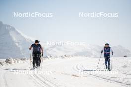 19.06.2024, Tignes, France (FRA): Théo Schely (FRA), Thibaut Chene (FRA), Coach Team France, (l-r) - Cross-Country summer training, Tignes (FRA). www.nordicfocus.com. © Authamayou/NordicFocus. Every downloaded picture is fee-liable.