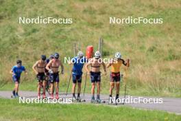 24.07.2024, Premanon, France (FRA): Jules Lapierre (FRA), Hugo Lapalus (FRA), Jules Chappaz (FRA), Lucas Chanavat (FRA), Theo Schely (FRA), Thomas Joly (FRA), (l-r) - Cross-Country summer training, Premanon (FRA). www.nordicfocus.com. © Manzoni/NordicFocus. Every downloaded picture is fee-liable.