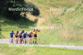 24.07.2024, Premanon, France (FRA): Jules Lapierre (FRA), Hugo Lapalus (FRA), Jules Chappaz (FRA), Lucas Chanavat (FRA), Theo Schely (FRA), Thomas Joly (FRA), (l-r) - Cross-Country summer training, Premanon (FRA). www.nordicfocus.com. © Manzoni/NordicFocus. Every downloaded picture is fee-liable.