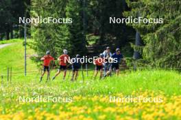04.06.2024, Lenzerheide, Switzerland (SUI): Fabrizio Albasini (SUI), Antonin Savary (SUI), Jason Rueesch (SUI), Beda Klee (SUI), Erik Braten Guidon (NOR), coach Team Switzerland, Jonas Baumann (SUI), (l-r) - Cross-Country training, Lenzerheide (SUI). www.nordicfocus.com. © Manzoni/NordicFocus. Every downloaded picture is fee-liable.