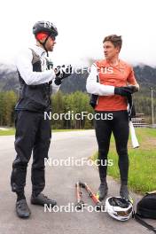 28.05.2024, Lenzerheide, Switzerland (SUI): Erik Braten Guidon (NOR), coach Team Switzerland, Janik Riebli (SUI), (l-r) - Cross-Country training, Lenzerheide (SUI). www.nordicfocus.com. © Manzoni/NordicFocus. Every downloaded picture is fee-liable.