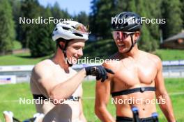 06.08.2024, Lenzerheide, Switzerland (SUI): Janik Riebli (SUI), Roman Schaad (SUI), (l-r) - Cross-Country summer training, Lenzerheide (SUI). www.nordicfocus.com. © Manzoni/NordicFocus. Every downloaded picture is fee-liable.