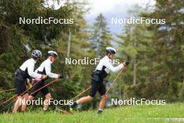 28.05.2024, Lenzerheide, Switzerland (SUI): Jon-Fadri Nufer (SUI), Noe Naeff (SUI), Isai Naeff (SUI), (l-r) - Cross-Country training, Lenzerheide (SUI). www.nordicfocus.com. © Manzoni/NordicFocus. Every downloaded picture is fee-liable.