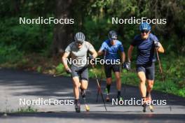 15.08.2024, Ulrichen, Switzerland (SUI): Lucas Boegl (GER), Florian Notz (GER), Anian Sossau (GER), (l-r) - Cross-Country summer training, Ulrichen (SUI). www.nordicfocus.com. © Manzoni/NordicFocus. Every downloaded picture is fee-liable.