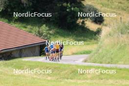 24.07.2024, Premanon, France (FRA): Jules Lapierre (FRA), Hugo Lapalus (FRA), Jules Chappaz (FRA), Lucas Chanavat (FRA), Theo Schely (FRA), Thomas Joly (FRA), (l-r) - Cross-Country summer training, Premanon (FRA). www.nordicfocus.com. © Manzoni/NordicFocus. Every downloaded picture is fee-liable.