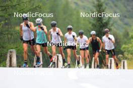 14.08.2024, Ulrichen, Switzerland (SUI): Laura Gimmler (GER), Pia Fink (GER), Lisa Lohmann (GER), Katherine Sauerbrey (GER), Helen Hoffmann (GER), Sofie Krehl (GER), Tom Emilio Wagner (GER), (l-r) - Cross-Country summer training, Ulrichen (SUI). www.nordicfocus.com. © Manzoni/NordicFocus. Every downloaded picture is fee-liable.