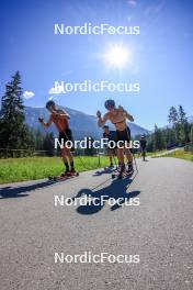 06.08.2024, Lenzerheide, Switzerland (SUI): Beda Klee (SUI), Valerio Grond (SUI), Nicola Wigger (SUI), (l-r) - Cross-Country summer training, Lenzerheide (SUI). www.nordicfocus.com. © Manzoni/NordicFocus. Every downloaded picture is fee-liable.