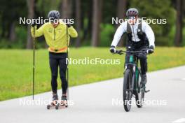 28.05.2024, Lenzerheide, Switzerland (SUI): Jason Rueesch (SUI), Erik Braten Guidon (NOR), coach Team Switzerland, (l-r) - Cross-Country training, Lenzerheide (SUI). www.nordicfocus.com. © Manzoni/NordicFocus. Every downloaded picture is fee-liable.