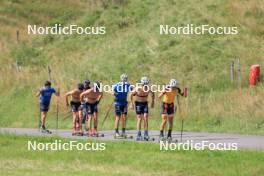 24.07.2024, Premanon, France (FRA): Jules Lapierre (FRA), Hugo Lapalus (FRA), Jules Chappaz (FRA), Lucas Chanavat (FRA), Theo Schely (FRA), Thomas Joly (FRA), (l-r) - Cross-Country summer training, Premanon (FRA). www.nordicfocus.com. © Manzoni/NordicFocus. Every downloaded picture is fee-liable.