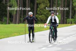 28.05.2024, Lenzerheide, Switzerland (SUI): Janik Riebli (SUI), Erik Braten Guidon (NOR), coach Team Switzerland, (l-r) - Cross-Country training, Lenzerheide (SUI). www.nordicfocus.com. © Manzoni/NordicFocus. Every downloaded picture is fee-liable.