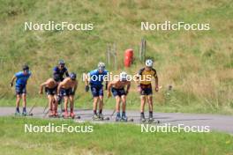 24.07.2024, Premanon, France (FRA): Jules Lapierre (FRA), Hugo Lapalus (FRA), Jules Chappaz (FRA), Lucas Chanavat (FRA), Theo Schely (FRA), Thomas Joly (FRA), (l-r) - Cross-Country summer training, Premanon (FRA). www.nordicfocus.com. © Manzoni/NordicFocus. Every downloaded picture is fee-liable.