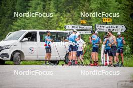 19.06.2024, Tignes, France (FRA): Richard Jouve (FRA), Remi Bourdin (FRA), Hugo Lapalus (FRA), Théo Schely (FRA), (l-r) - Cross-Country summer training, Tignes (FRA). www.nordicfocus.com. © Authamayou/NordicFocus. Every downloaded picture is fee-liable.