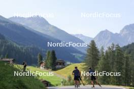 07.08.2024, Lenzerheide, Switzerland (SUI): Valerio Grond (SUI), Nicola Wigger (SUI), Beda Klee (SUI), (l-r) - Cross-Country summer training, Lenzerheide (SUI). www.nordicfocus.com. © Manzoni/NordicFocus. Every downloaded picture is fee-liable.