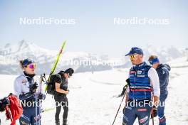 19.06.2024, Tignes, France (FRA): Léna Quintin (FRA), Thibaut Chene (FRA), Coach Team France, (l-r) - Cross-Country summer training, Tignes (FRA). www.nordicfocus.com. © Authamayou/NordicFocus. Every downloaded picture is fee-liable.