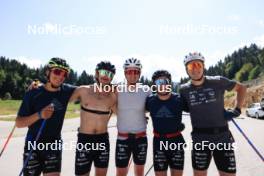 23.07.2024, Premanon, France (FRA): Clement Parisse (FRA), Hugo Lapalus (FRA), Mathis Desloges (FRA), Jules Lapierre (FRA), Remi Bourdin (FRA), (l-r) - Cross-Country summer training, Premanon (FRA). www.nordicfocus.com. © Manzoni/NordicFocus. Every downloaded picture is fee-liable.