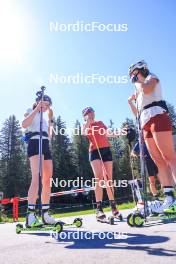 04.06.2024, Lenzerheide, Switzerland (SUI): Marina Kaelin (SUI), Desiree Steiner (SUI), Nadia Kaelin (SUI), (l-r) - Cross-Country training, Lenzerheide (SUI). www.nordicfocus.com. © Manzoni/NordicFocus. Every downloaded picture is fee-liable.