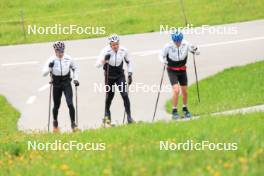 28.05.2024, Lenzerheide, Switzerland (SUI): Beda Klee (SUI), Janik Riebli (SUI), Toni Livers (SUI), (l-r) - Cross-Country training, Lenzerheide (SUI). www.nordicfocus.com. © Manzoni/NordicFocus. Every downloaded picture is fee-liable.