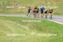 24.07.2024, Premanon, France (FRA): Jules Lapierre (FRA), Hugo Lapalus (FRA), Jules Chappaz (FRA), Lucas Chanavat (FRA), Theo Schely (FRA), Thomas Joly (FRA), (l-r) - Cross-Country summer training, Premanon (FRA). www.nordicfocus.com. © Manzoni/NordicFocus. Every downloaded picture is fee-liable.