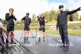 10.09.2024, Lenzerheide, Switzerland (SUI): Jonas Baumann (SUI), Valerio Grond (SUI), Janik Riebli (SUI), Erik Braten Guidon (NOR), coach Team Switzerland, (l-r) - Cross-Country training, Lenzerheide (SUI). www.nordicfocus.com. © Manzoni/NordicFocus. Every downloaded picture is fee-liable.