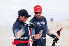 22.06.2024, Les Diablerets, Switzerland (SUI): Jonas Baumann (SUI), Erik Braten Guidon (NOR), coach Team Switzerland, (l-r) - Cross-Country summer training on the Glacier 3000, Les Diablerets (SUI). www.nordicfocus.com. © Manzoni/NordicFocus. Every downloaded picture is fee-liable.