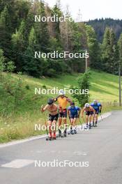 24.07.2024, Premanon, France (FRA): Hugo Lapalus (FRA), Thomas Joly (FRA), Theo Schely (FRA), Jules Lapierre (FRA), Lucas Chanavat (FRA), (l-r) - Cross-Country summer training, Premanon (FRA). www.nordicfocus.com. © Manzoni/NordicFocus. Every downloaded picture is fee-liable.