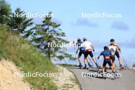 23.07.2024, Premanon, France (FRA): Remi Bourdin (FRA), Hugo Lapalus (FRA), Jules Lapierre (FRA), Mathis Desloges (FRA), Clement Parisse (FRA), (l-r) - Cross-Country summer training, Premanon (FRA). www.nordicfocus.com. © Manzoni/NordicFocus. Every downloaded picture is fee-liable.