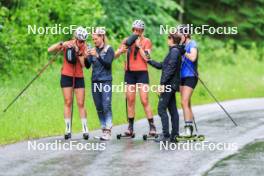 21.06.2024, Les Diablerets, Switzerland (SUI): Nadia Kaelin (SUI), Karoline Braten Guidon (SUI), coach Team Switzerland, Desiree Steiner (SUI), Marina Kaelin (SUI), (l-r) - Cross-Country summer training, Les Diablerets (SUI). www.nordicfocus.com. © Manzoni/NordicFocus. Every downloaded picture is fee-liable.