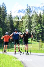 04.06.2024, Lenzerheide, Switzerland (SUI): Jon-Fadri Nufer (SUI), Nicola Wigger (SUI), Janik Riebli (SUI), (l-r) - Cross-Country training, Lenzerheide (SUI). www.nordicfocus.com. © Manzoni/NordicFocus. Every downloaded picture is fee-liable.