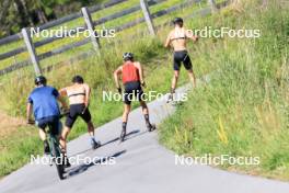 06.08.2024, Lenzerheide, Switzerland (SUI): Erik Braten Guidon (NOR), coach Team Switzerland, Valerio Grond (SUI), Nicola Wigger (SUI), Beda Klee (SUI), (l-r) - Cross-Country summer training, Lenzerheide (SUI). www.nordicfocus.com. © Manzoni/NordicFocus. Every downloaded picture is fee-liable.