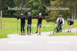 28.05.2024, Lenzerheide, Switzerland (SUI): Jason Rueesch (SUI), Beda Klee (SUI), Isai Naeff (SUI), Erik Braten Guidon (NOR), coach Team Switzerland, Silvan Hauser (SUI), (l-r) - Cross-Country training, Lenzerheide (SUI). www.nordicfocus.com. © Manzoni/NordicFocus. Every downloaded picture is fee-liable.