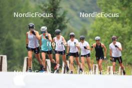 14.08.2024, Ulrichen, Switzerland (SUI): Laura Gimmler (GER), Pia Fink (GER), Lisa Lohmann (GER), Katherine Sauerbrey (GER), Helen Hoffmann (GER), Sofie Krehl (GER), Tom Emilio Wagner (GER), (l-r) - Cross-Country summer training, Ulrichen (SUI). www.nordicfocus.com. © Manzoni/NordicFocus. Every downloaded picture is fee-liable.