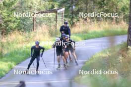 10.09.2024, Lenzerheide, Switzerland (SUI): Beda Klee (SUI), Janik Riebli (SUI), Jonas Baumann (SUI), Valerio Grond (SUI), Erik Braten Guidon (NOR), coach Team Switzerland, (l-r) - Cross-Country training, Lenzerheide (SUI). www.nordicfocus.com. © Manzoni/NordicFocus. Every downloaded picture is fee-liable.