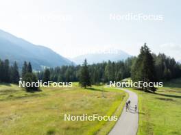 18.07.2024, Lenzerheide, Switzerland (SUI): Lea Fischer (SUI), Andreas Waldmeier (SUI), Candide Pralong (SUI), (l-r) - Cross-Country summer training, Lenzerheide (SUI). www.nordicfocus.com. © Manzoni/NordicFocus. Every downloaded picture is fee-liable.