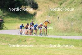 24.07.2024, Premanon, France (FRA): Jules Lapierre (FRA), Hugo Lapalus (FRA), Jules Chappaz (FRA), Lucas Chanavat (FRA), Theo Schely (FRA), Thomas Joly (FRA), (l-r) - Cross-Country summer training, Premanon (FRA). www.nordicfocus.com. © Manzoni/NordicFocus. Every downloaded picture is fee-liable.