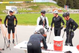 28.05.2024, Lenzerheide, Switzerland (SUI): Isai Naeff (SUI), Erik Braten Guidon (NOR), coach Team Switzerland, Janik Riebli (SUI), Jason Rueesch (SUI), (l-r) - Cross-Country training, Lenzerheide (SUI). www.nordicfocus.com. © Manzoni/NordicFocus. Every downloaded picture is fee-liable.