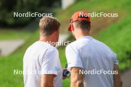 15.08.2024, Ulrichen, Switzerland (SUI): Per Nilsson (SWE), coach Team Germany, Axel Teichmann (GER), (l-r) - Cross-Country summer training, Ulrichen (SUI). www.nordicfocus.com. © Manzoni/NordicFocus. Every downloaded picture is fee-liable.