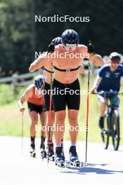 06.08.2024, Lenzerheide, Switzerland (SUI): Beda Klee (SUI), Nicola Wigger (SUI), Valerio Grond (SUI), (l-r) - Cross-Country summer training, Lenzerheide (SUI). www.nordicfocus.com. © Manzoni/NordicFocus. Every downloaded picture is fee-liable.