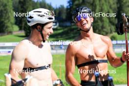 06.08.2024, Lenzerheide, Switzerland (SUI): Janik Riebli (SUI), Roman Schaad (SUI), (l-r) - Cross-Country summer training, Lenzerheide (SUI). www.nordicfocus.com. © Manzoni/NordicFocus. Every downloaded picture is fee-liable.