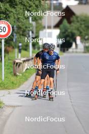 07.08.2024, Lenzerheide, Switzerland (SUI): Nicola Wigger (SUI), Valerio Grond (SUI), Beda Klee (SUI), (l-r) - Cross-Country summer training, Lenzerheide (SUI). www.nordicfocus.com. © Manzoni/NordicFocus. Every downloaded picture is fee-liable.