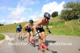 24.07.2024, Premanon, France (FRA): Jules Lapierre (FRA), Hugo Lapalus (FRA), Jules Chappaz (FRA), (l-r) - Cross-Country summer training, Premanon (FRA). www.nordicfocus.com. © Manzoni/NordicFocus. Every downloaded picture is fee-liable.